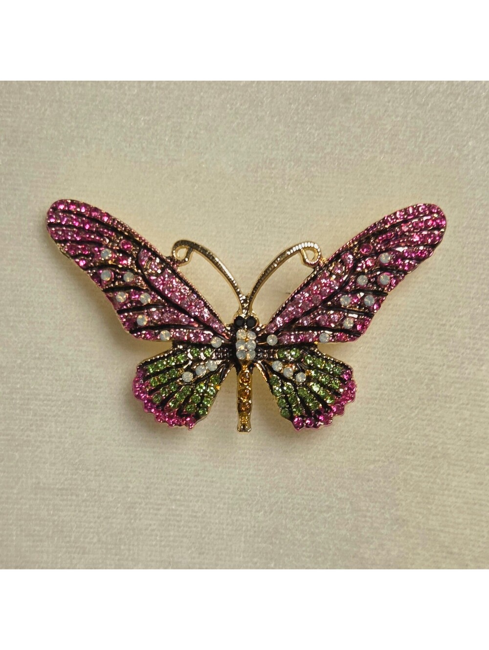 Pink and Green Rhinestone Butterfly Brooch Y2K Fairy Glam